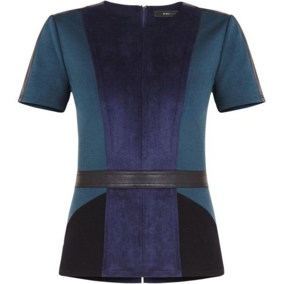 BCBGMaxAzria Tops - BCBGMaxAzria blue & black faux leather peplum top